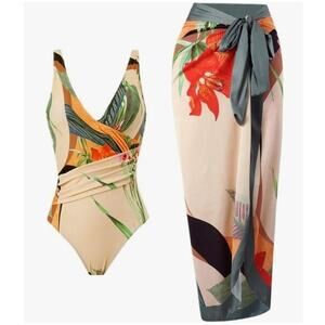 AWIBMK Floral One-Piece Swimsuit with Sarong - Size M